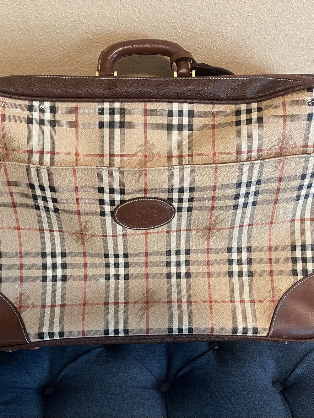 Burberry Beige/Tan Plaid Leather Trim Travel Briefcase